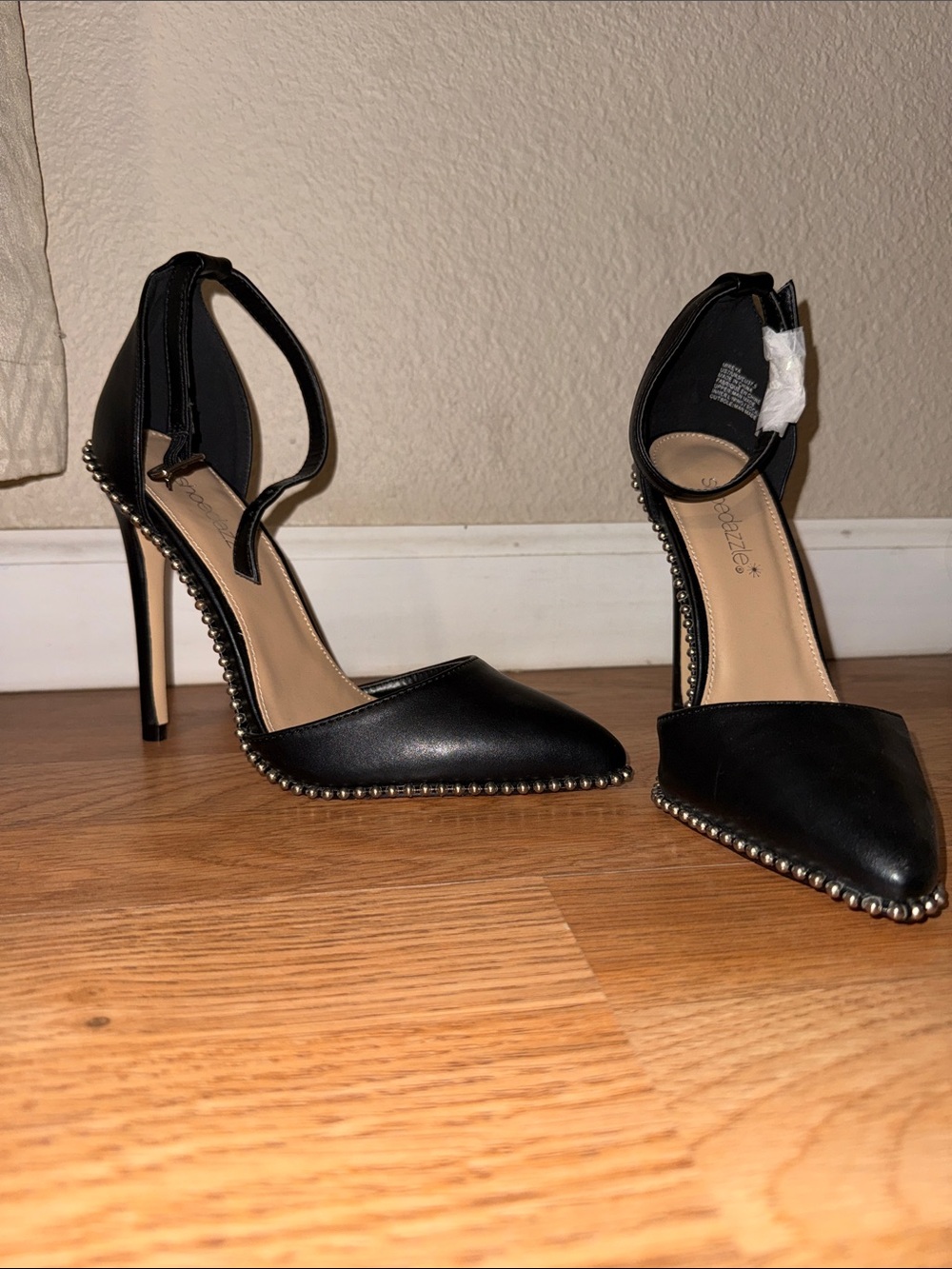 Shoe Dazzle Mireya Black Pointed Ankle-Strap Studded Heels